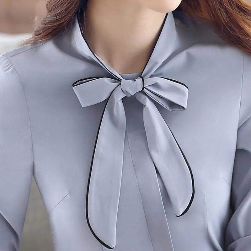 Autumn Female Self Piping Ruffle Bowtie Office Work Wear Shirt Tops Chemise