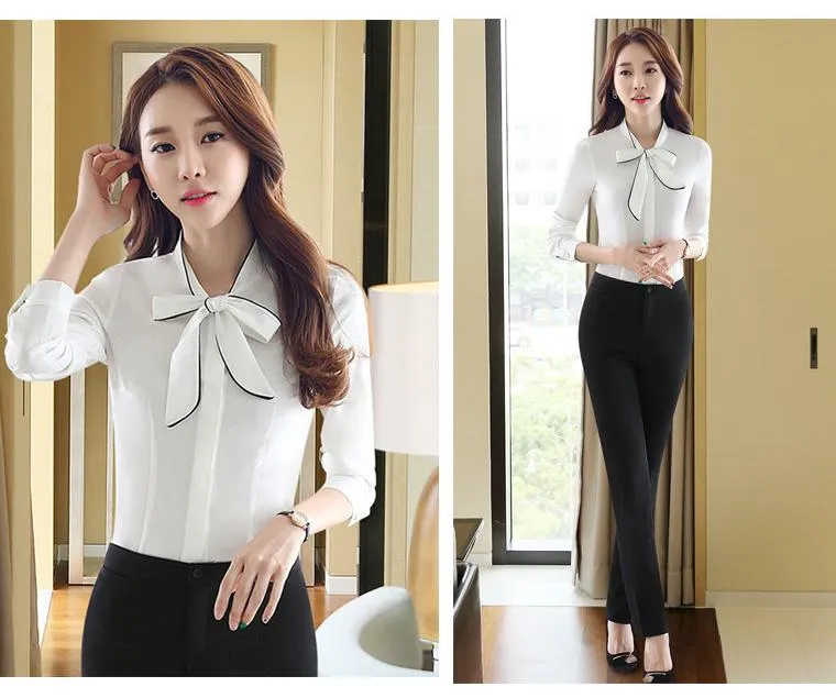 Autumn Female Self Piping Ruffle Bowtie Office Work Wear Shirt Tops Chemise