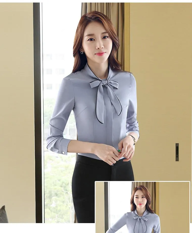 Autumn Female Self Piping Ruffle Bowtie Office Work Wear Shirt Tops Chemise