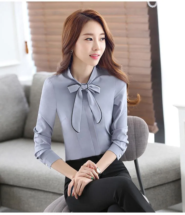 Autumn Female Self Piping Ruffle Bowtie Office Work Wear Shirt Tops Chemise