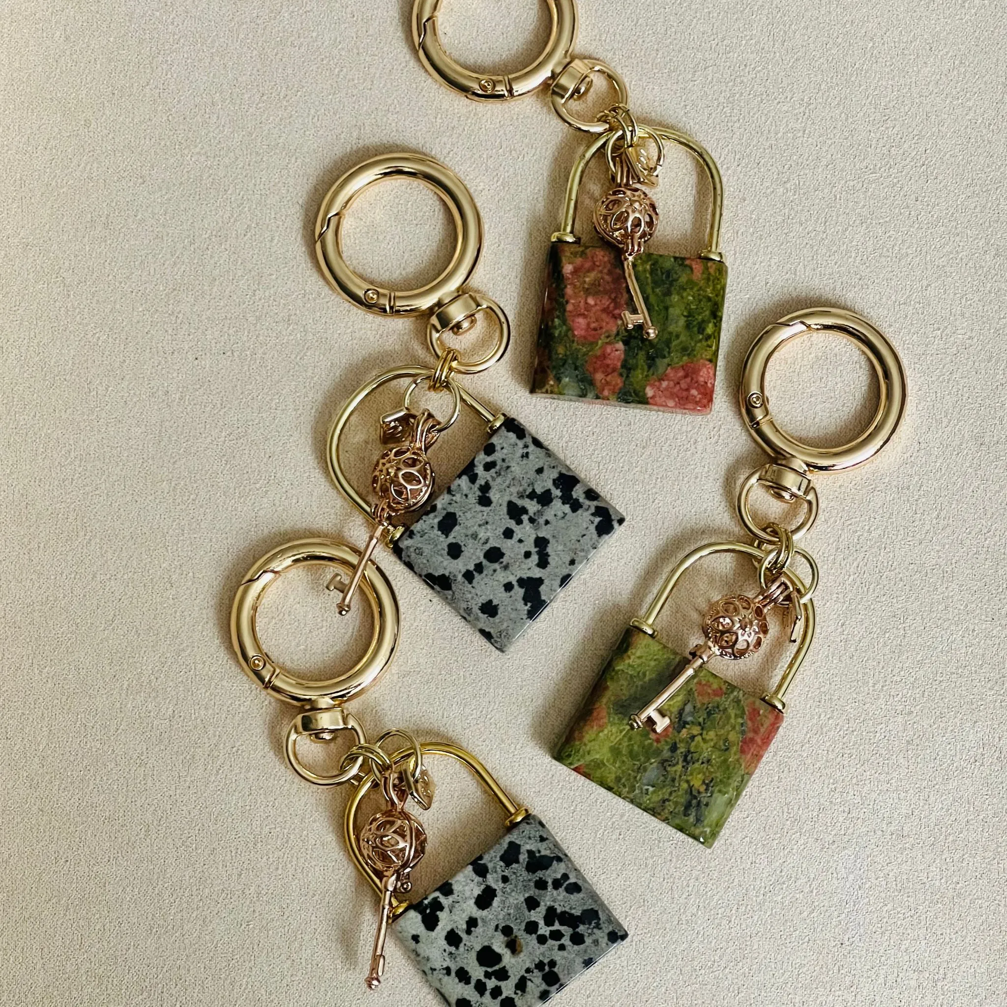 Dalmatian Jasper Lock & Key Bag Charm/Key Ring