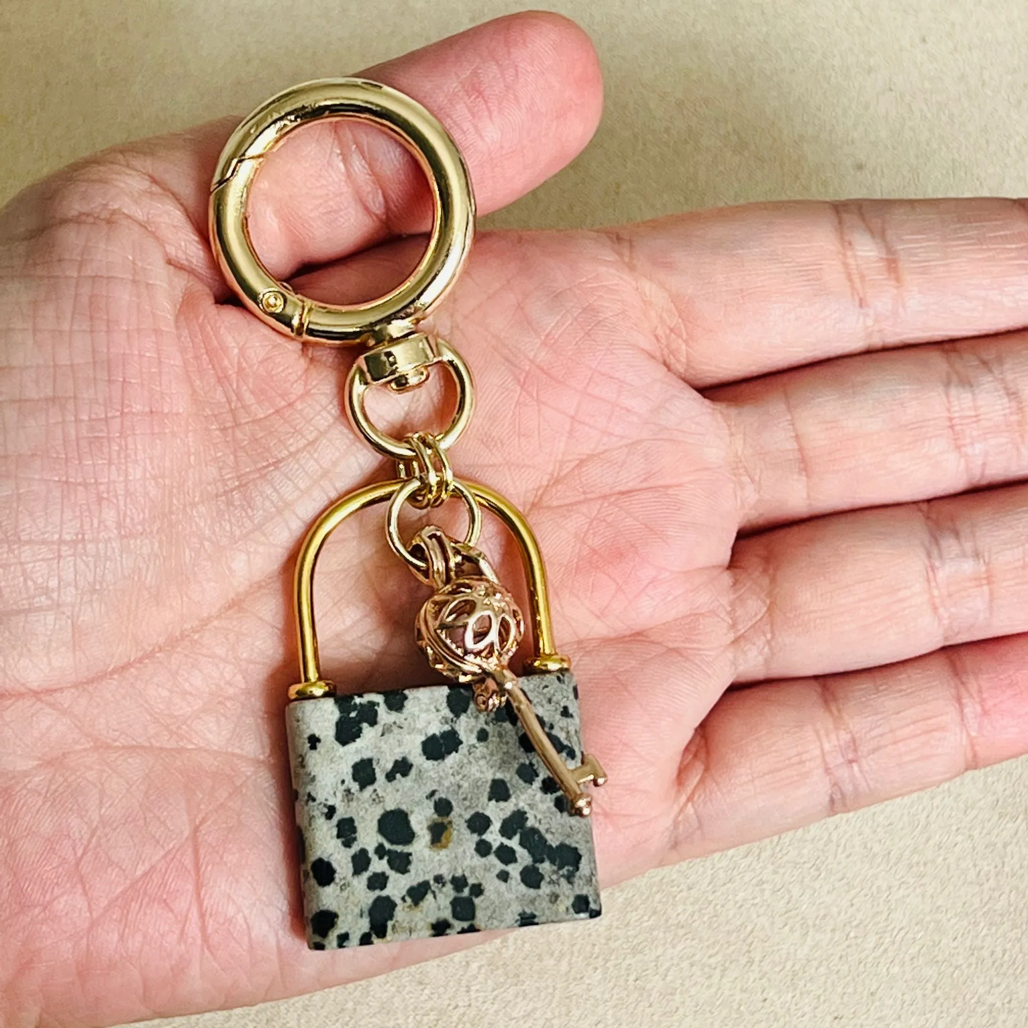 Dalmatian Jasper Lock & Key Bag Charm/Key Ring