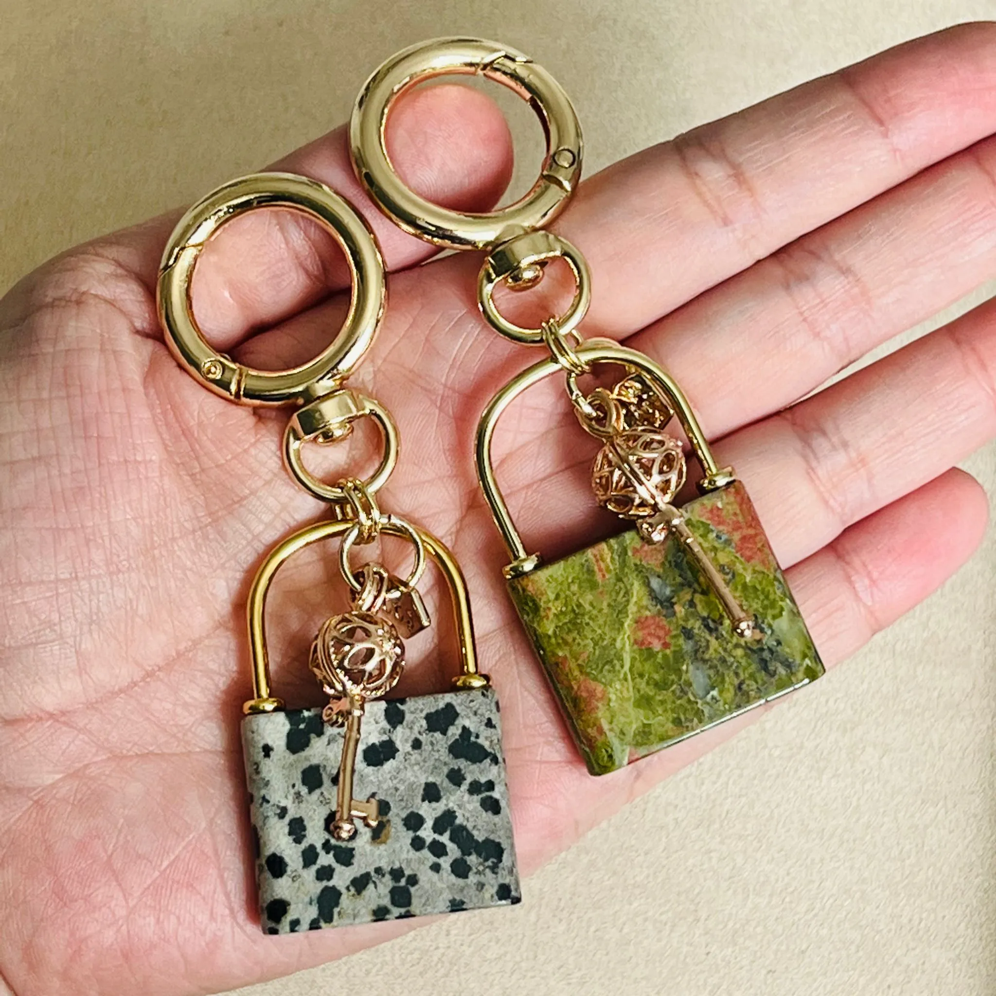 Dalmatian Jasper Lock & Key Bag Charm/Key Ring