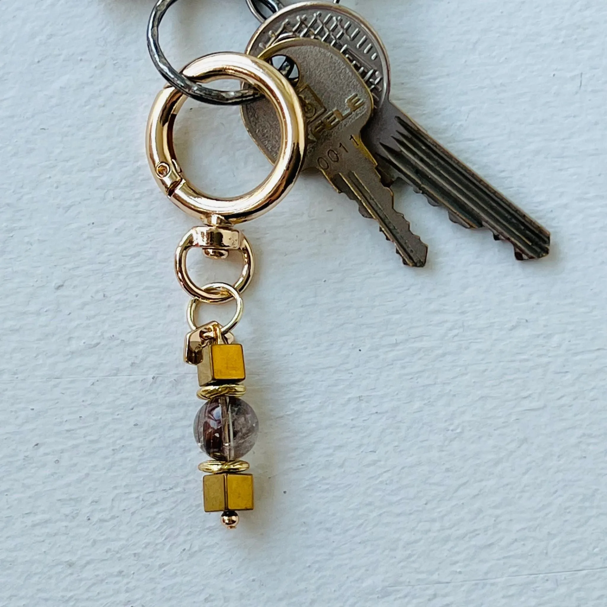 Red Copper Rutilated Quartz & Gold Hematite Bag Charm/ Key Ring