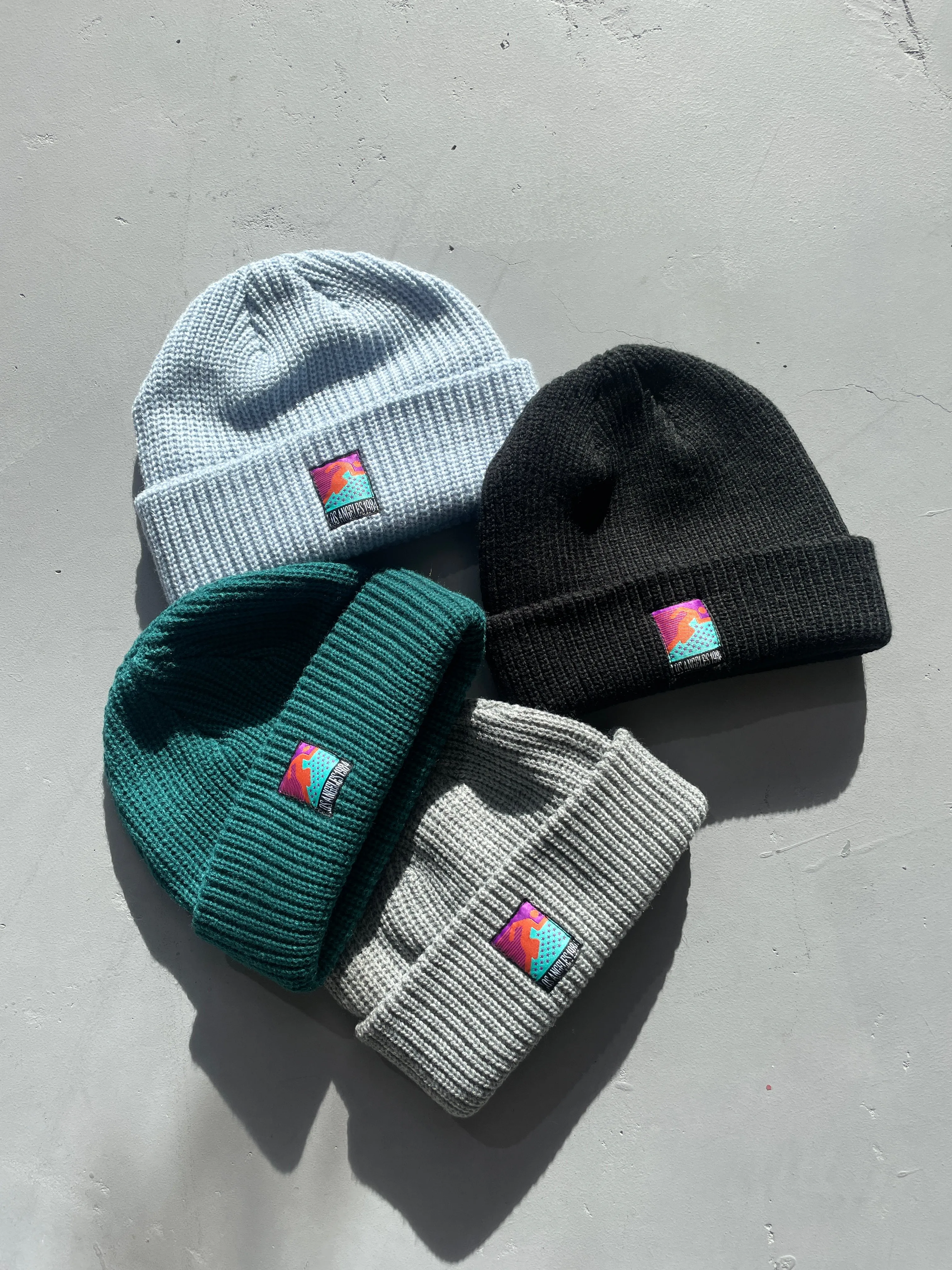 Vice 84 'Runner Patch' Ribbed Fisherman Beanie - Black / Grey / Forest / Light Blue